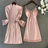 Vêtements de nuit pour femmes 2pcs femmes robe ensemble satin chemise de nuit dentelle patchwork vêtements de nuit vêtements de maison lâche lingerie intime sexy chemise de nuit