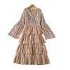 2022 Autumn Khaki Tulle paljetter Tiered Dress Flare Sleeve V-Neck Midi Casual Dresses S2N221459 Plus Size XXL