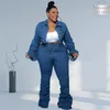 Damen Plus Size Trainingsanzüge Denim Plus Size Sets Frauen 2-teiliges Set Puff Langarm Jacke Stretch Stacked Jeans Herbst Winter Kleidung Großhandel Drop 221121