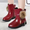 Boots Winter Girls Real Fur Ball PU Leather Kids Snow Warm Plush Sneakers Children Shoes 221122