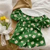 Kläderuppsättningar 2022 Summer Fashion Top Pants Set Kids Doll Collar Green Clothes Boutique Simple Style