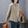 Blusas de mujer Careaymade- Llegada Primavera Mujer Camisa suelta de manga larga a rayas Bordado vintage Blusa de lino de algodón Tallas grandes para mujer
