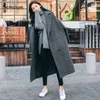 Women's Wool Blends Elegant Women Plaid Coat Korea Retro Dark Gray Double Breasted Long Sleeve Chic Loose Outerwear Ladies Jacket Overcoat 221122