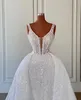 Gillter Pearls Mermaid Wedding Dresses With Puffy Detachable Train 2023 V-neck Lace Beaded Princess Trumpet Bridal Gown