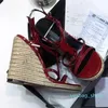 Wedge Espadrilles Tasarımcı Sandalet Deri Pompalar Gelinlik Ayakkabıları Sandal Eu35-41 Saman Dokuma Ayrılık Strap Strap Newst Cassandra