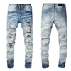 Herr jeans mode gata personlighet rivna lapp denim casual byxor bomull ungdom ljus bl￥ mager jeans