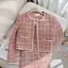 İki parçalı Dres Tweed Pink Kore takım elbise ceket üst ve kayış set parti kıyafetleri otomatik kış jakarı zarif 221122