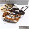 Bracelets de charme Bracelet en cuir tressé vintage MTI couche perles de bois bracelets de charme bracelet bracelet manchette ensemble femmes hommes mode je dhgmb