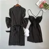 Vêtements de nuit pour femmes Peignoir en fausse soie Femmes Kimono Robe Sexy avec dentelle 2 pièces Robe Ensembles Perspective Lingerie intime Vêtements de nuit