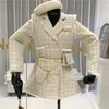 Femmes Mélanges De Laine Fil D'or Plaid Costume Manteau Femmes Entaillé Double Boutonnage Plume Gland Garniture Mince Veste En Tweed Avec Sac De Ceinture Gratuit 221122