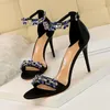 Sandales femme Sexy Dinamond fleur bride à la cheville soie femmes talons fins bout ouvert chaussures de mariage Bling strass fête