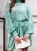 Casual Dresses Sequin Lace Up Dress Green Turtleneck Long Sleeeve Midi Female Autumn Winter Ruffle Party Club Lady Vestidos 221121