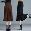Skirts Womens Autumn Knitted Pleated Office Lady Winter Solid Color Thickened Wool Skirt Elastic High Waist Aline Long 221122
