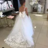 Abiti da ragazza Fiore per matrimonio Impero Vita Manica corta Tulle Girocollo Champagne Cintura in pizzo Abiti da prima comunione per bambini