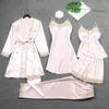 Vêtements de nuit pour femmes 5 pièces Robe ensemble femmes Satin soyeux vêtements de nuit dentelle Patchwork Kimono peignoir Robe été intime Lingerie chemise de nuit