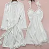 Women's Sleepwear Lace Trim 2PCS Women Kimono Robe Gown Loose Sexy Intimate Lingerie Spring Autumn Suspender Nightdress&Bathrobe Set