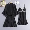 Dames slaapkleding vrouwen gewaad set satijn sexy 2pcs kimono badjas jurk kanten bruids bruidsgeschenk zomer nachthemd intieme lingerie