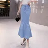 Faldas Coreanas de una sola pieza Moda Falda de mezclilla para mujer 2022 Bolsa de verano Hip Fishtail A-Line Azul Largo Femenino