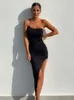 Casual jurken elegant midi sexy een schouder ruches feest voor vrouwen zomer mode diamanten banden rode avondclub 221121