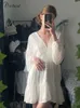 Casual klänningar dicloud sexig sommar för kvinnor kastar v hals vit spets långärmad mini bröllop fest klänning ruffle eleganta kläder 221121