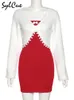 Tweedelige jurk Sylcue eenvoudige witte casual kanten jas met rood sexy feestelijk helder hoog elastisch elastisch gebreide tweedelige set 221122