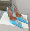 Amina muaddi cetim sapatos de salto alto e sandálias femininas fuckle shur rhinestone holida férias de férias lady wedding cristal sandálias de salto alto 34-42 Caixa