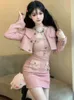 Two Piece Dress Winter Pink Elegant Skirt Set Women Sexy Patchwork Y2k Mini Suit Female Casual Korean Fashion Designer 221122