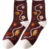 Frauen Socken Vintage Burgund Plaid Frau Japanische Mode Jacquard Kawaii Frühling Herbst Baumwolle Medium Rohr Gedruckt Weiblich