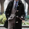 Men's Wool Blends Trend Autumn Horn Buckle Coat Men Casual Turn-down Collar Mid-length Jacket Winter Long Sleeve Solid Warm Cardigan 221122