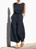 Women's Jumpsuits Rompers Casual O-Neck Cotton Linen Jumpsuit Overalls Summer Sexy Sleeveless Solid Romper Office Lady Wide Leg Loose Pant Playsuit 221122