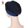 Double Color Braid Turban Cap Patchwork Muslim Hijab Bonnet Hat Islamic Headwraps African India Caps Hair Accessories
