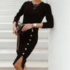 Party Dresses Sexy Bodycon Slit Knitted Women Autumn Long Sleeve High Waist Button Midi Elegant O Neck Elastic 221122