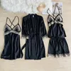 Accueil Vêtements Sexy Vêtements de Nuit Femmes Casual Pyjamas Ensemble Satin Kimono Robe Dentelle Patchwork PJS Costume Lounge Wear Doux Pyjamas Vêtements Lingerie