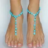 Fußkettchen 1PCS Boho Blau Opal Stein Perlen Barfuß Sandalen Elastizität Fußkettchen Für Frauen Sommer Strand Zehenring Bein Kette knöchel Fuß Schmuck