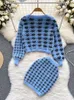 Tvådelad klänning Singreiny Fashion Plaid stickade bitar kostymer långärmad kort tröja Cardigan Mini Bodycon Streetwear Autumn Set L221122