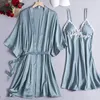 Damska odzież sutna szata satyna seksowna 2pcs Kimono Bathobe Suknia koronkowa ślub ślubna Prezent Summer Nightgown Intyment bielizna