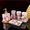 Bath Accessory Set Pink Rose Pattern Bathroom Accessories Ceramic Toothbrush Holder Soap Dispenser Dish Cup Wedding Gift