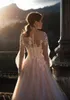 Robe de mariée princesse Champagne, ligne A, avec manches bouffantes, col rond transparent, boutons en dentelle au dos, robes de mariée formelles