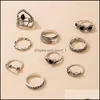 Bandringen 9 stks/set retro oude sier knokkel ringen bloemblad charme joint stackable ring voor vrouwen meisjes mode sieraden drop deli dhcuy