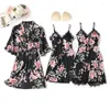 Roupas em casa Kimono Bathrobe vestido de cetim 4pcs Pijamas Terno feminino impressão Flor Sleep Lear