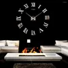Horloges murales 3D acrylique autocollant horloge grands chiffres romains miroir surface bureau à domicile bricolage salon décor
