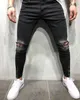 Svarta jeans män jeans förstörda rippade designpennor byxor ankel mager män högkvalitativ gata kläder x0621