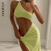 Casual Dresses BoozRey One Shoulder Midi for Women Summer Sleeveless Backless Split Club Party Fashion Sexy Cut Out Dress 221121