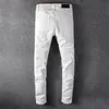 Jeans da uomo Casual Jeans bianchi strappati e tempestati di diamanti Jeans slim e skinny elasticizzati con patch da uomo