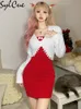 Dwuczęściowa sukienka Sylcue Prosty biały, swobodny koronkowy płaszcz z czerwonym seksownym świątecznym, jasnym, elastycznym setem damskim 221122