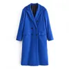Womens Wool Blends BBWM Women Autumn Office Lady Blue Long Sleeve Coat Female Vintage Streetwear Double Breasted Casual Loose Top 221122
