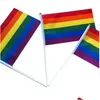 Banner Flags Rainbow Gay Pride Stick bayrağı ile bayrak direği ile 5x8 inç el sallıyor Banner Handhold Altın Top 1394 V2 Drop Teslimat Ho Dhrow