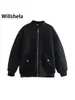 Womens Jackets Willshela Women Fashion Oversized Bomber Coat With Pockets Front Zipper Vintage ONeck Long Sleeves Female Chic Outwears 221122