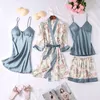 Accueil Vêtements Imprimer Fleur Vêtements De Nuit 5 PIÈCES Pyjama Costume Femmes Intime Lingerie Décontracté Pyjamas Vêtements De Nuit Printemps Sommeil Ensemble Homewear