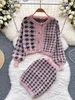 Abito a due pezzi SINGREINY Fashion Plaid Pezzi lavorati a maglia Abiti a maniche lunghe Maglione corto Cardigan Mini aderente Streetwear Set autunnali 221122